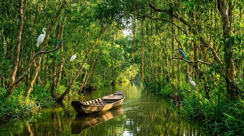Xuồng ba lá rẽ nước đưa du khách khám phá lòng rừng tràm xanh ngắt.